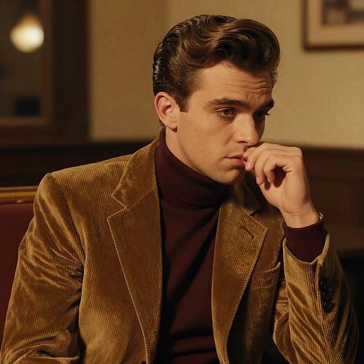 Photograph of a serious young man with dark hair, wearing a brown corduroy jacket over a black turtleneck, thoughtfully touching his chin