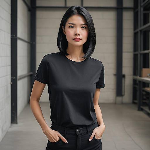 Portrait of Asian Woman in Black T-Shirt