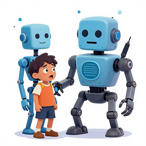 Cartoon illustration of a nervous boy in an orange shirt and blue shorts, standing between two friendly, blue and gray robots with simple faces. White background