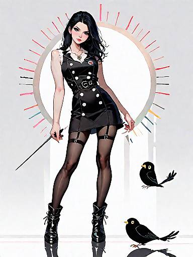 Stylish Woman in Black Mini Dress with Birds