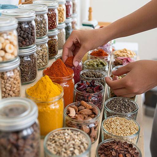 Photograph of hands scooping vibrant spices from clear jars on a table, showcasing a variety of colorful powders and whole spices.