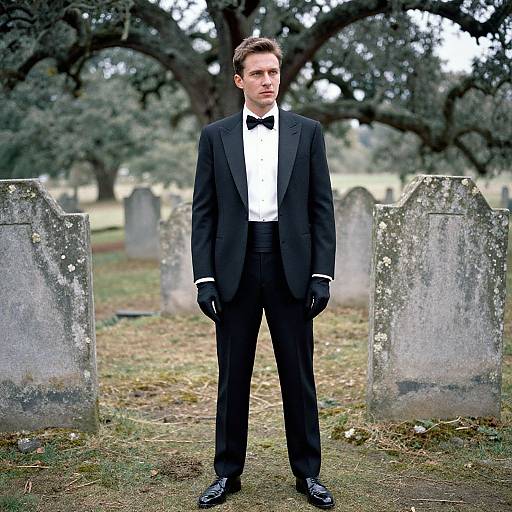 Photograph of a young, Caucasian man in a black tuxedo with bowtie, standing in a grassy cemetery with old, moss-covered grav