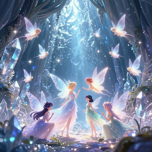 Digital anime illustration: Five ethereal fairies with glowing wings dance in a mystical, luminous forest, surrounded by sparkling lights and soft blue hues.