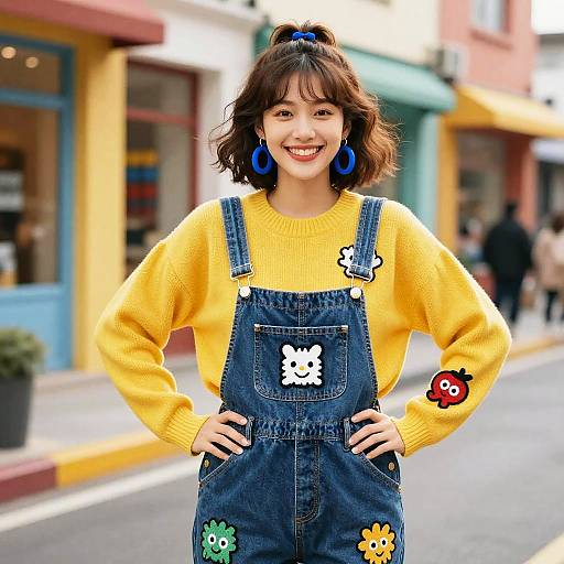 Photograph of smiling young woman with dark wavy hair, wearing yellow sweater and blue denim overalls with colorful cartoon patches, standing on colorful street with