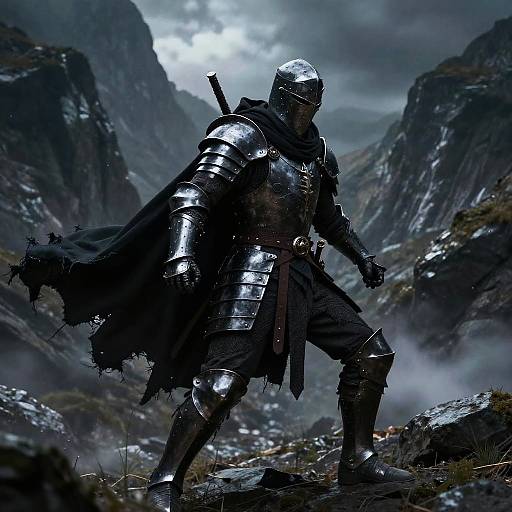 Dark, armored warrior with helmet and tattered cloak stands in misty, rocky mountain valley, wielding sword, under cloudy, stormy sky.