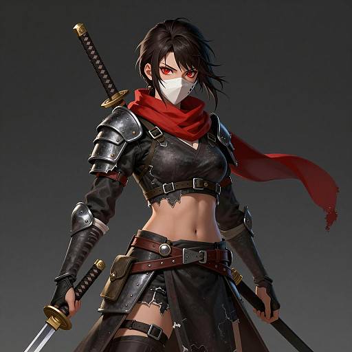 Female Ninja Warrior with Katana and Red Scarf