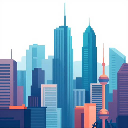 Digital illustration of a modern city skyline featuring blue and red skyscrapers, including a distinctive orange-topped tower, against a white background.