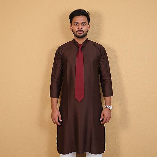 Photograph of a bearded South Asian man with short black hair, wearing a black kurta with a maroon tie, standing against a yellow wall