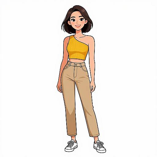 Digital anime-style drawing of a smiling young woman with short black hair, wearing a yellow one-shoulder top, beige high-waisted pants,