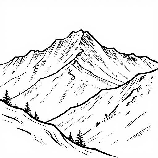 Black and white line drawing of a mountain range with jagged peaks and scattered evergreen trees, showcasing a minimalist, sketch-like style.