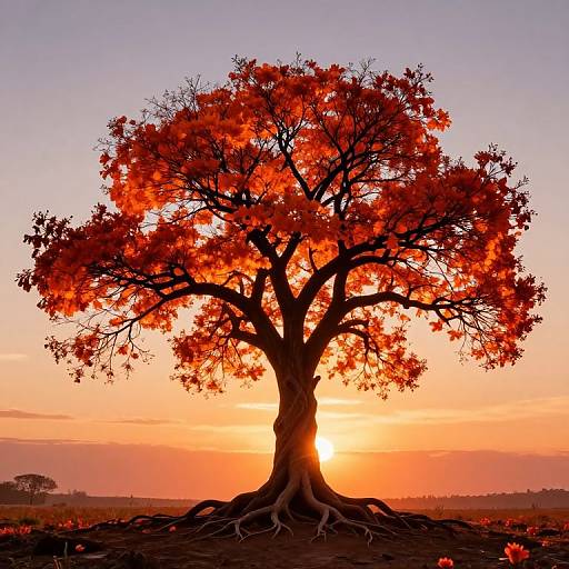 Photograph of a vibrant, red-leaved tree silhouetted against a bright orange sunset, with its extensive roots visible on a flat, grass