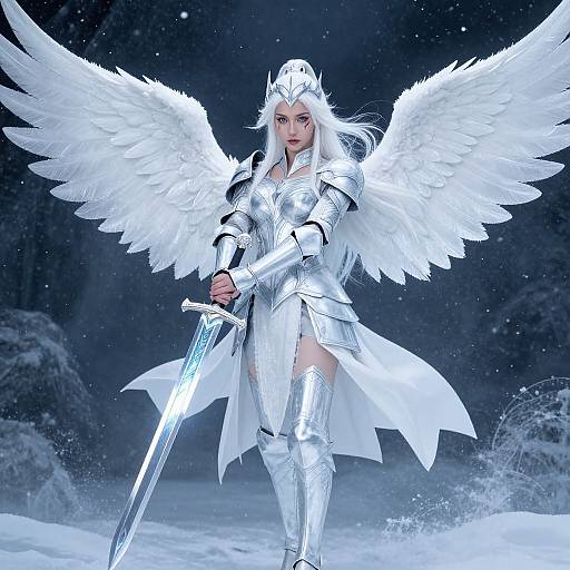 Photorealistic digital artwork of a white-haired, angelic warrior with large wings, wearing silver armor, holding a sword, standing in a snowy,