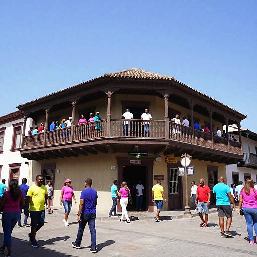 Photograph of a sunny, bustling colonial-style building with a two-story wooden balcony, crowd of diverse people in colorful clothes, clear blue sky.