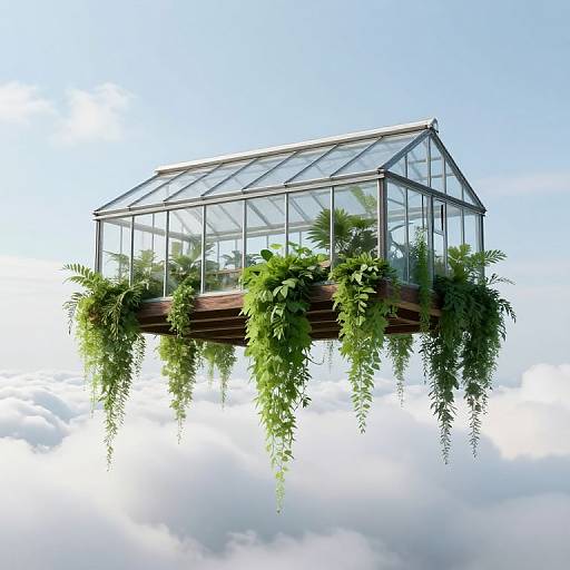 Floating glass greenhouse with lush green plants, suspended in clear blue sky above fluffy white clouds. Dreamlike, surreal image.