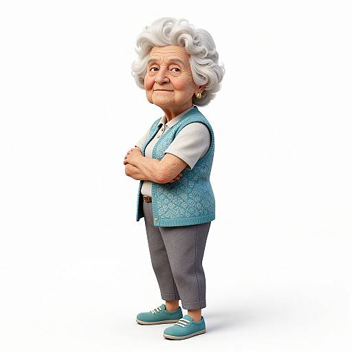 Cartoon-style elderly woman with white curly hair, blue patterned vest, white shirt, gray pants, and teal shoes, standing confidently with arms crossed