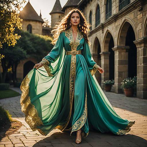 Elegant Woman in Celadon Medieval Robe