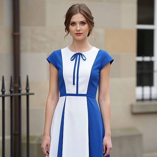 Photograph of a young woman with fair skin, brown hair in a bun, wearing a blue and white dress with short sleeves and a bow at the