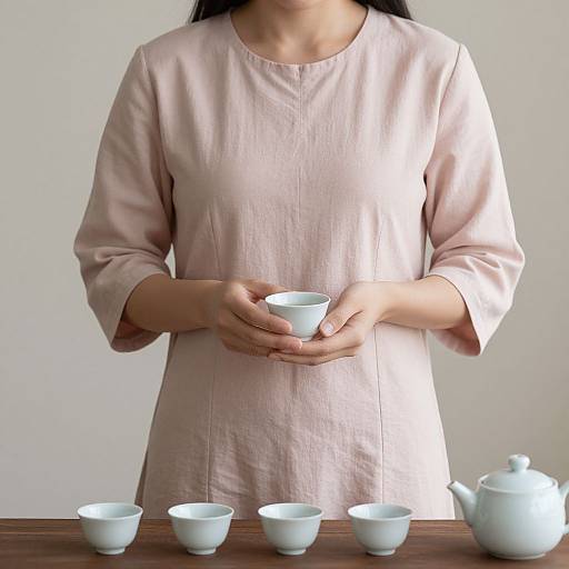 Serene Woman in Pink Tea Ritual
