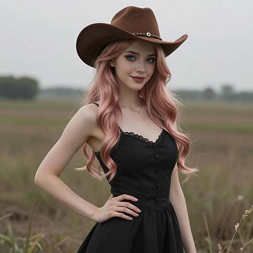 Grinning Rose-Gold Cowgirl in Nature