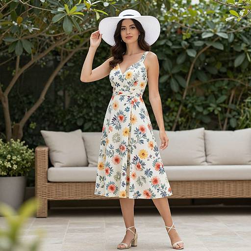 Photograph of a woman in a white floral dress and wide-brimmed hat, standing outdoors by a wicker couch with gray cushions, wearing white