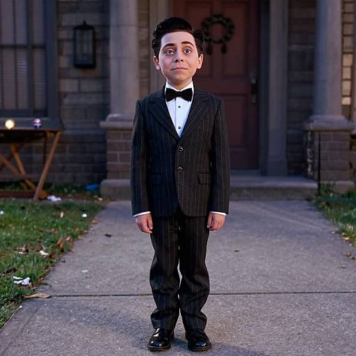 Photograph of a cartoon-style, young boy with pale skin, dark hair, wearing a black pinstripe suit, white shirt, and black bow
