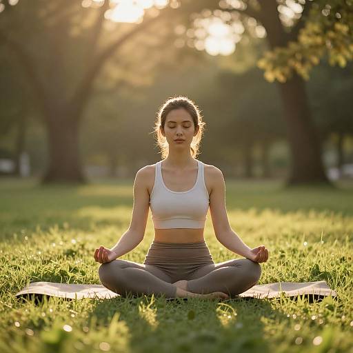 Photograph of a young woman with light skin and brown hair in a white sports bra and gray leggings, meditating in a sunny park. She sits
