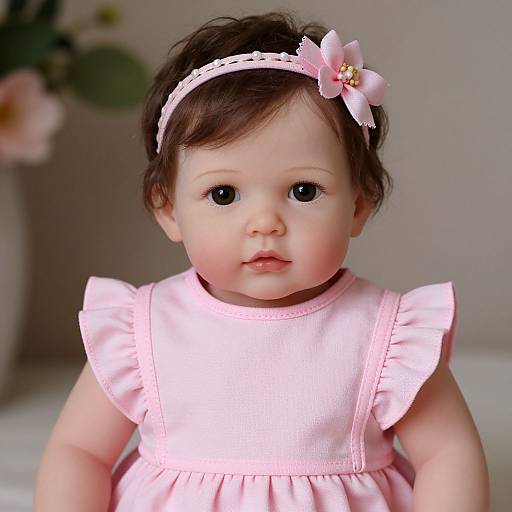 Photograph of a cute baby girl with fair skin, dark brown hair, blue eyes, wearing a pink dress and white headband with a pink flower