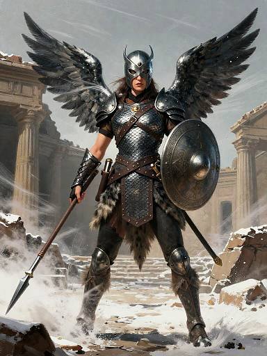Wing-Helmed Heroine in Snowy Ruins