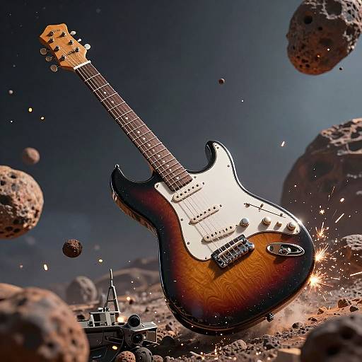Photograph of a sunburst electric guitar with white pickguard, surrounded by floating rocks and sparks, with a small drum kit in the background.