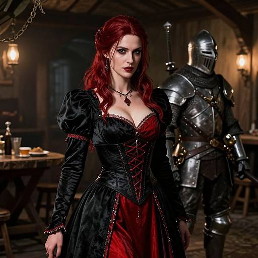 Photorealistic digital art of a red-haired woman in a black and red corset dress, standing in a dimly lit medieval tavern with a knight