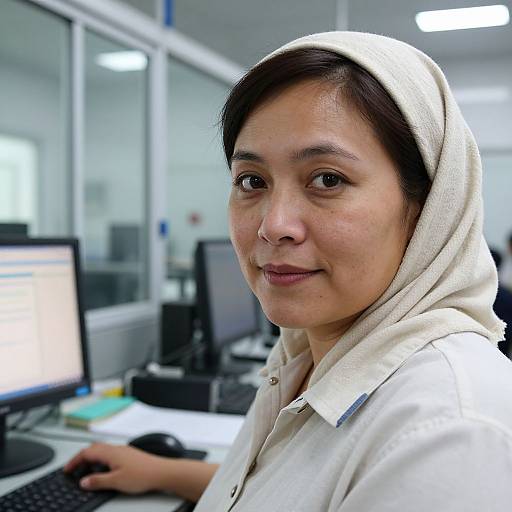 Photograph of a smiling Asian woman with medium skin tone, wearing a white headscarf and blouse, seated at an office desk with computers and office