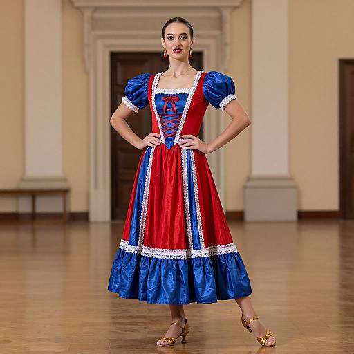 Photograph of a woman in a vibrant red and blue traditional Spanish dress with puffed sleeves, lace trim, and gold sandals, standing confidently in an