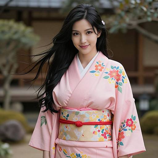 Woman in Elegant Pink Kimono in Japanese Garden
