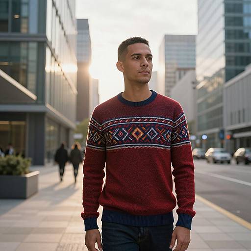 Photograph of a young man with short dark hair, wearing a red, patterned sweater and dark jeans, standing on a sunlit urban street.