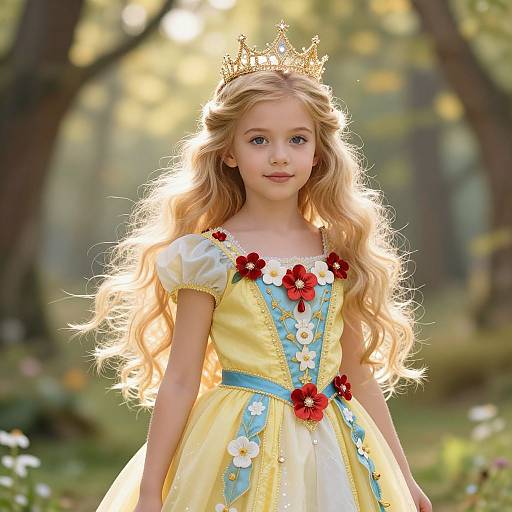 Photograph of a young blonde girl with long, wavy hair, wearing a golden crown, yellow dress with blue and red floral accents, standing in