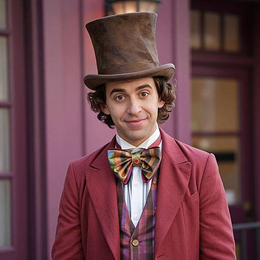 Photograph of a young man with curly brown hair, wearing a tall brown top hat, red jacket, plaid bow tie, and vest, smiling