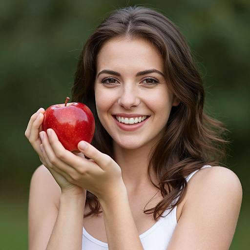 Photograph of a smiling young woman with dark brown hair, holding a red apple, wearing a white tank top, against a blurred green background.