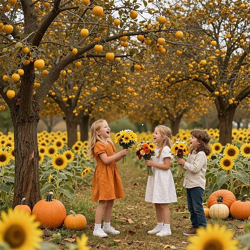 Photograph of three children in autumn orchard, holding sunflowers, surrounded by orange trees, pumpkins, and sunflowers, smiling joyfully.