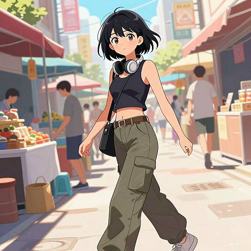 Anime-style digital drawing of a young woman with black hair, black tank top, and olive cargo pants, walking in a sunny market street with vendors and