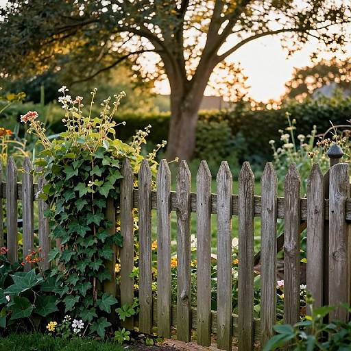Photograph of a wooden picket fence in a sunlit garden, with climbing ivy, flowers, and a tree in the background.