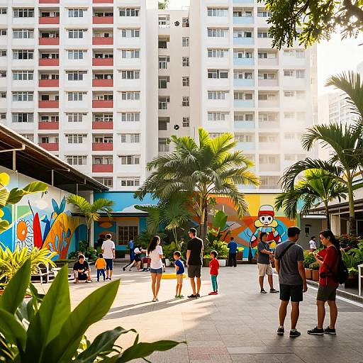 Photograph of a sunny urban courtyard with colorful graffiti, palm trees, and people of various ages and ethnicities standing and walking. Tall, white apartment