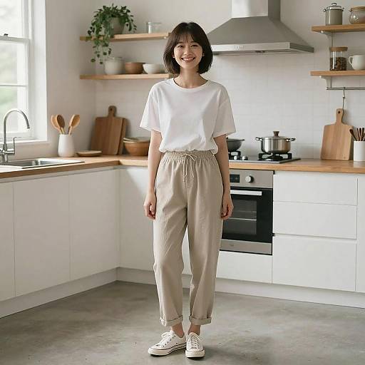 Photograph of a smiling young Asian woman in a white t-shirt and beige high-waisted pants, standing in a bright, modern kitchen with wooden