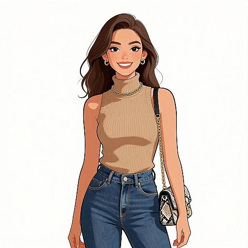 Digital illustration of a smiling young woman with long brown hair, wearing a beige sleeveless turtleneck, high-waisted blue jeans, and a
