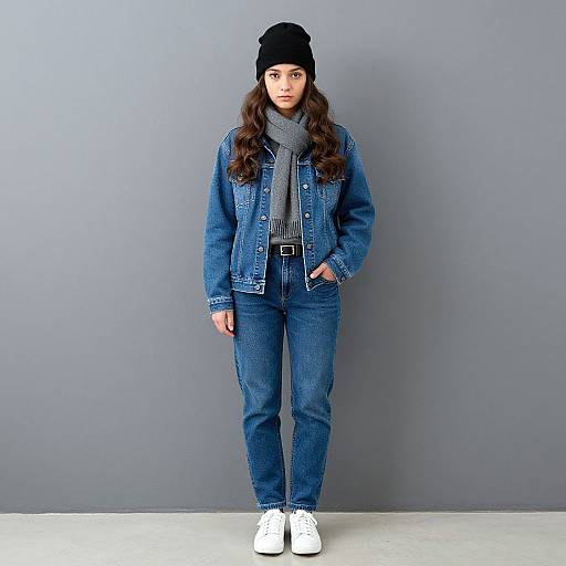 Photograph of a young woman with long brown hair, wearing a black beanie, gray scarf, blue denim jacket, jeans, and white sneakers,