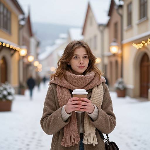 Photograph of a young woman with wavy brown hair, wearing a brown coat and pink scarf, holding a coffee cup in a snowy, illuminated,