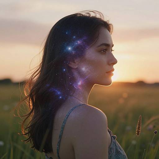 Photograph of a woman with dark hair, wearing a sleeveless top, silhouetted against a sunset in a grassy field, with a
