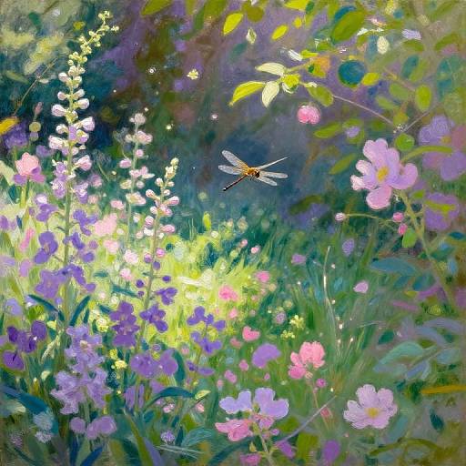 Digital painting of a vibrant meadow with purple, pink, and white flowers, a hovering dragonfly, and sunlight filtering through green leaves.