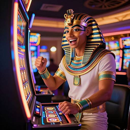 Photograph of a smiling man in an Egyptian-themed outfit, complete with striped headdress and colorful jewelry, playing a brightly lit slot machine in a casino