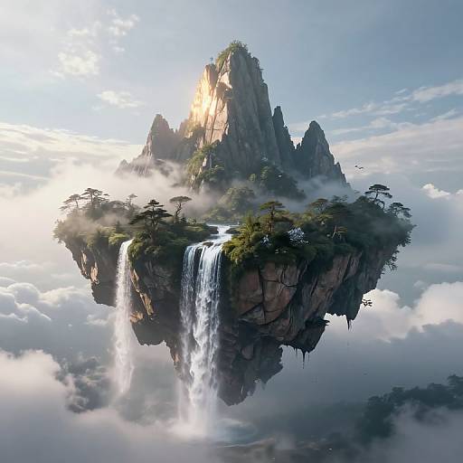 Digital art of a floating rock island with a waterfall, surrounded by clouds, with jagged mountain peaks and sparse trees.
