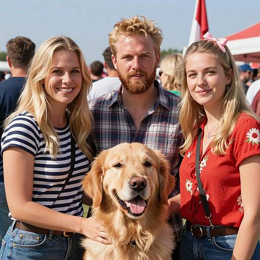 Three Friends with Golden Retriever at Outdoor Event